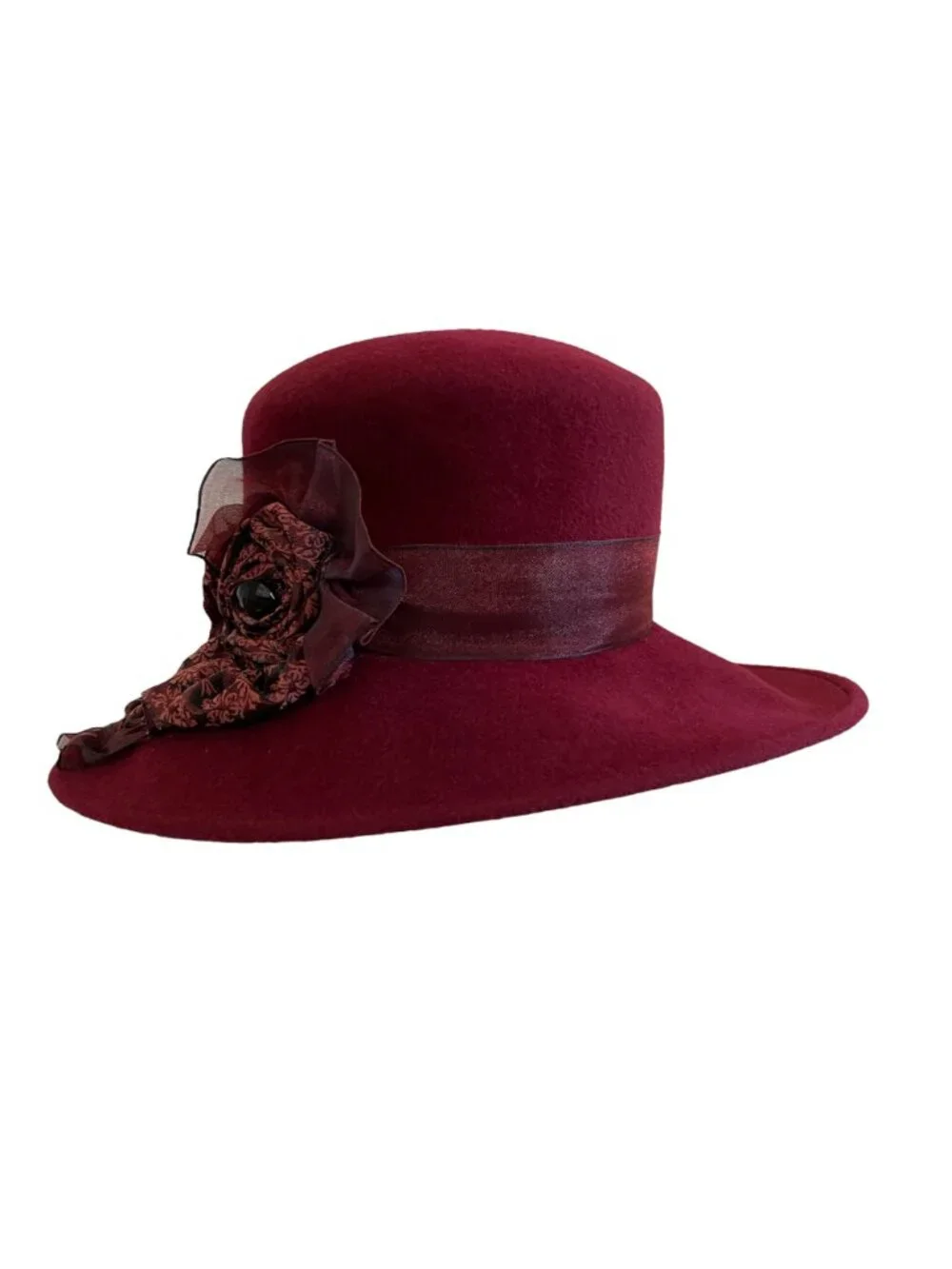 Louise Green Burgundy Wool Felt Wide Brim Hat With Floral Ribbon Detail